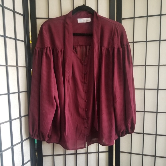 Time and tru burgundy long sleeve neck tie blouse - Picture 1 of 7